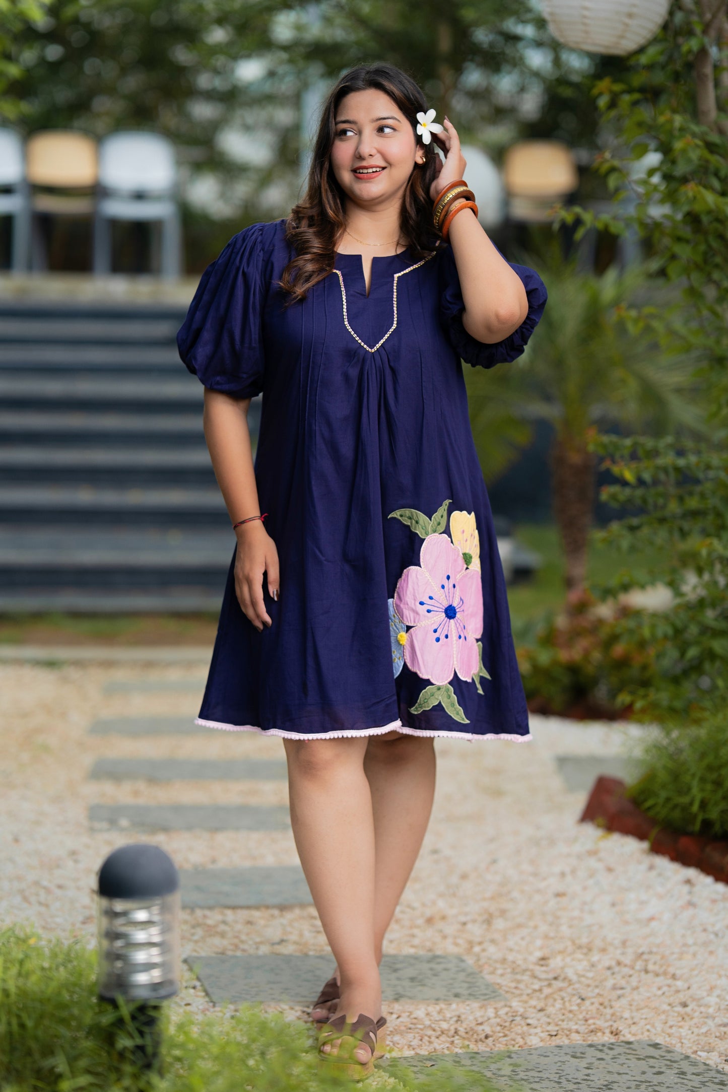 Navy Blue Mulmul Floral Dress