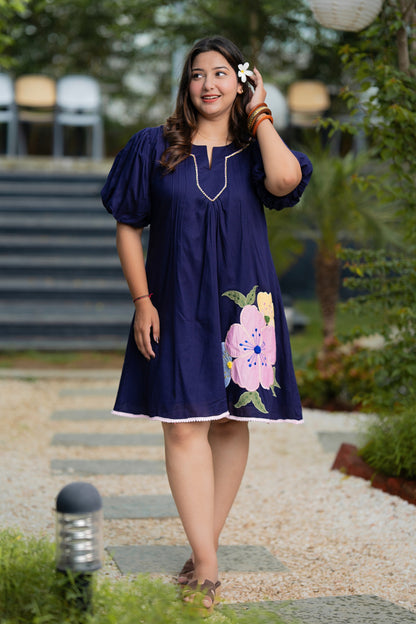 Navy Blue Mulmul Floral Dress