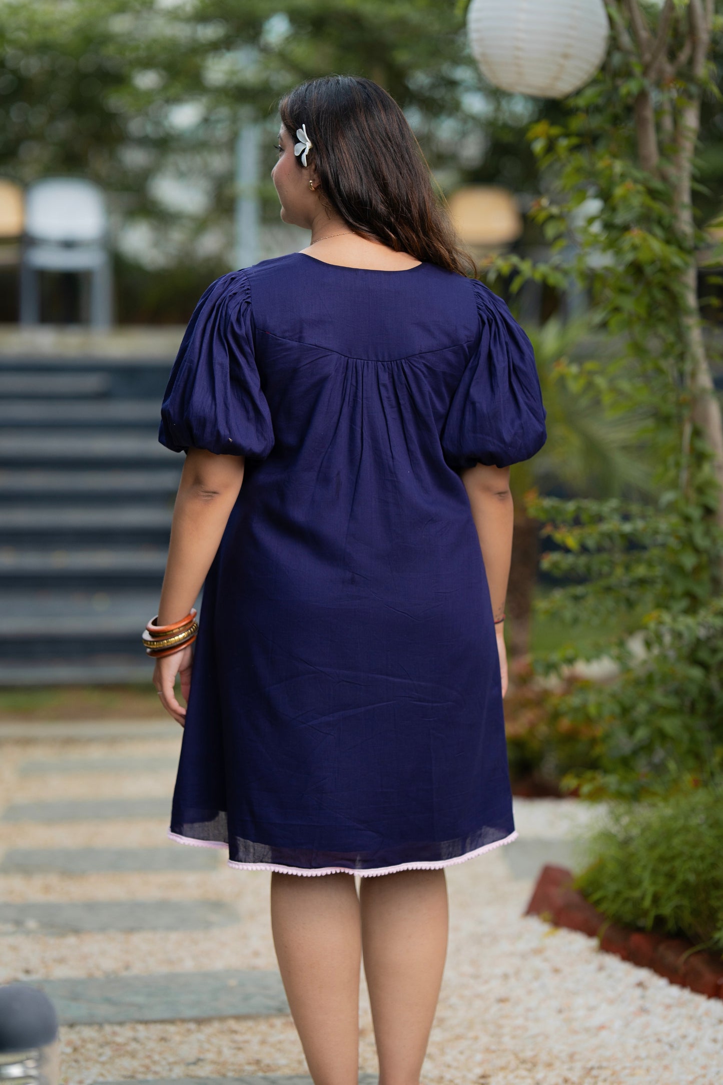 Navy Blue Mulmul Floral Dress