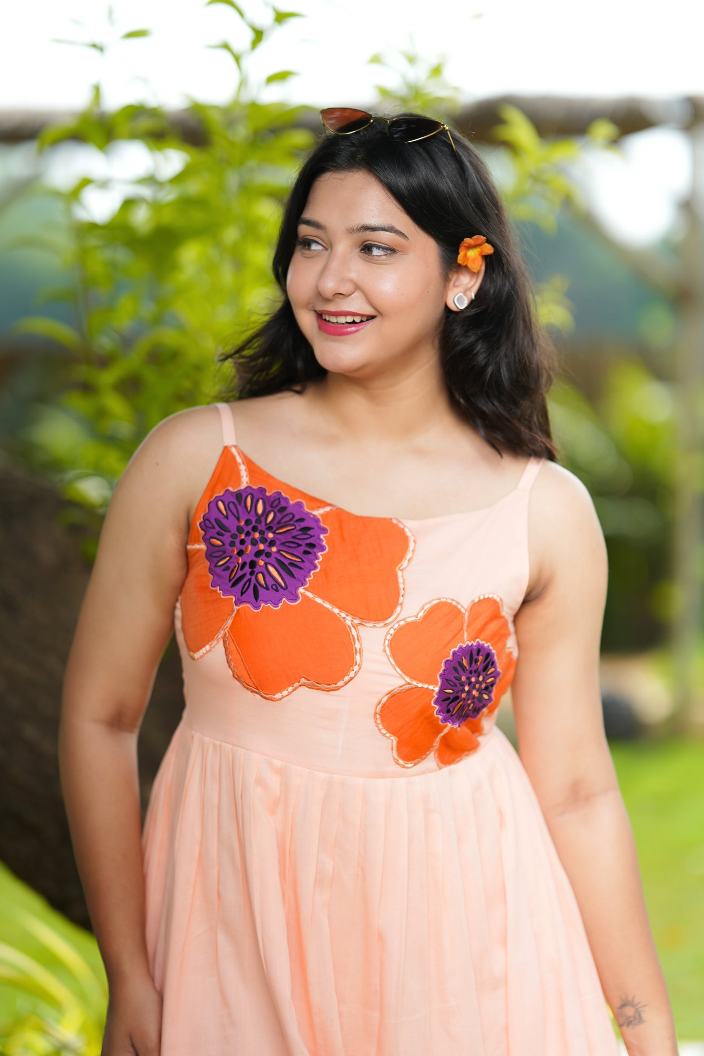 Peach Mulmul Floral Dress