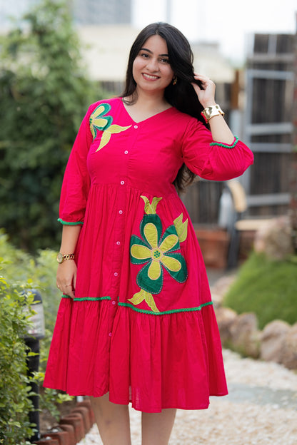 Queen Pink Mulmul Floral Dress