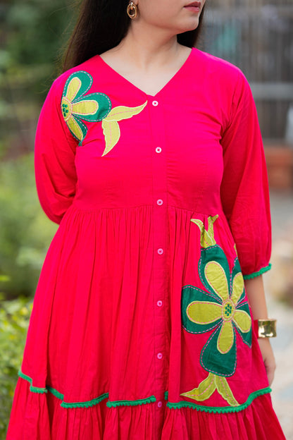 Queen Pink Mulmul Floral Dress