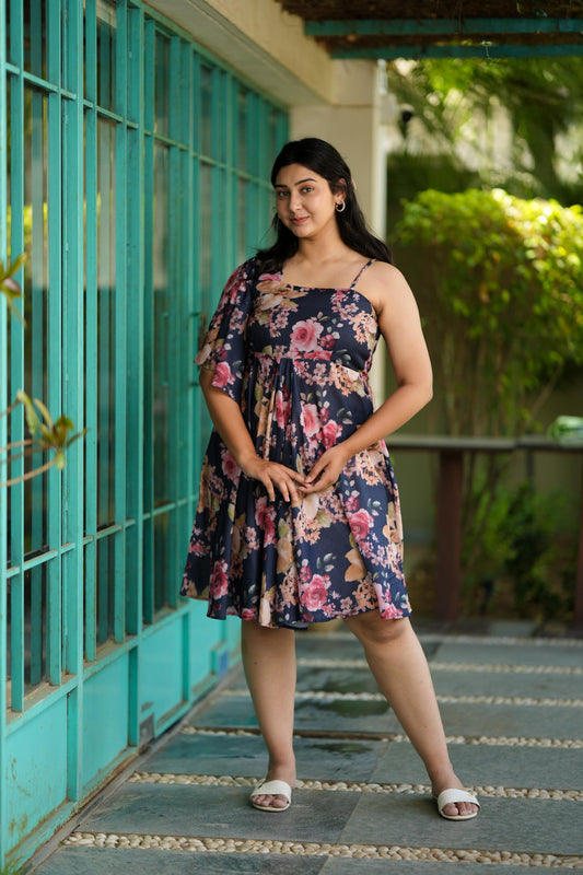 Navy Blue Floral One Shoulder Dress