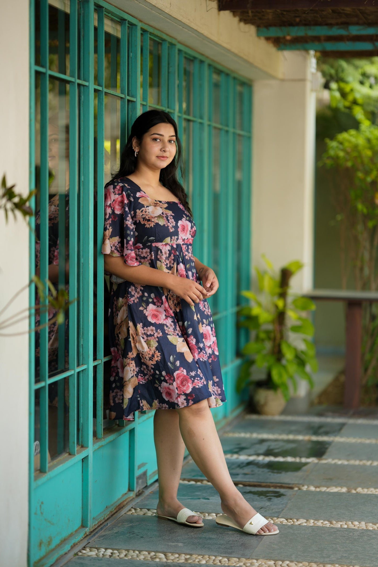 Navy Blue Floral One Shoulder Dress
