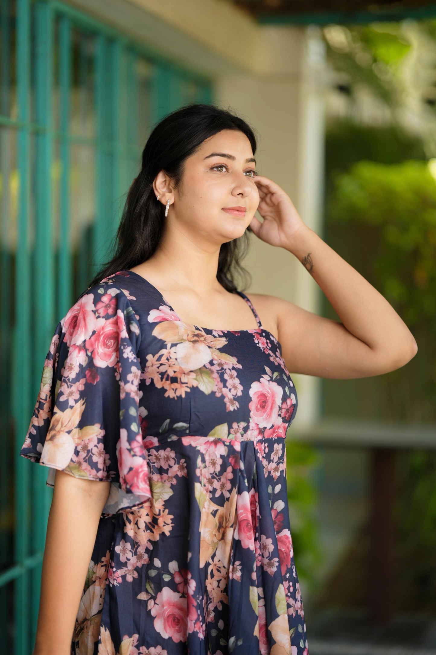 Navy Blue Floral One Shoulder Dress