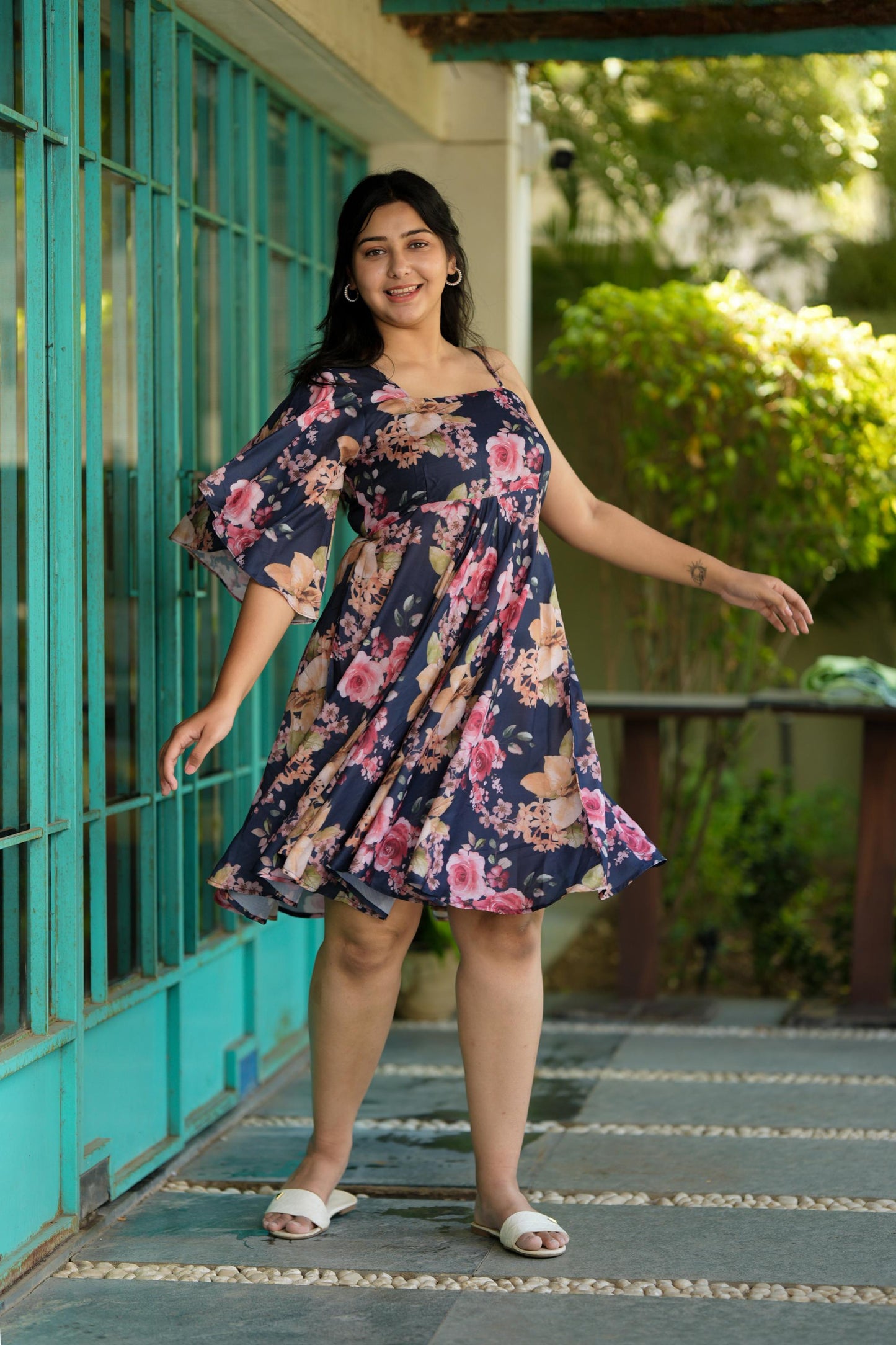 Navy Blue Floral One Shoulder Dress