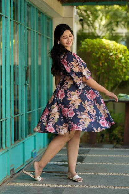 Navy Blue Floral One Shoulder Dress
