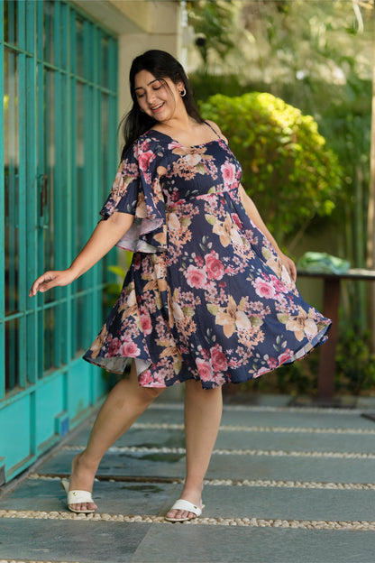 Navy Blue Floral One Shoulder Dress
