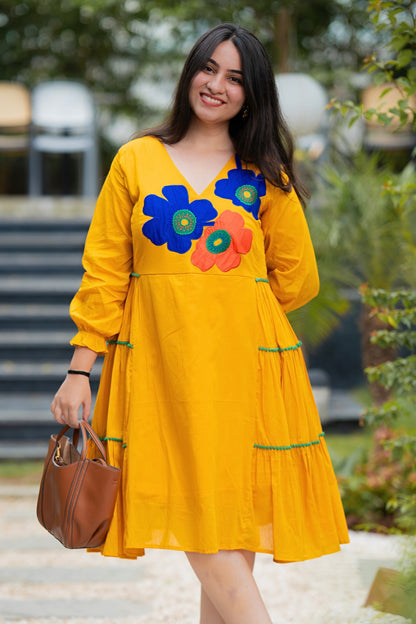 Mango Yellow Mulmul Floral Dress