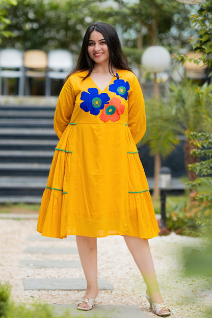 Mango Yellow Mulmul Floral Dress