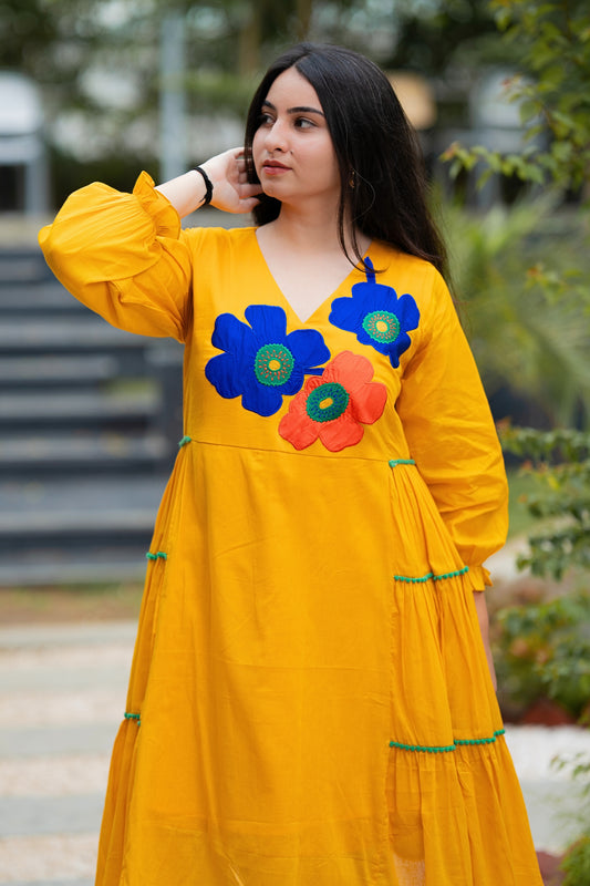 Mango Yellow Mulmul Floral Dress