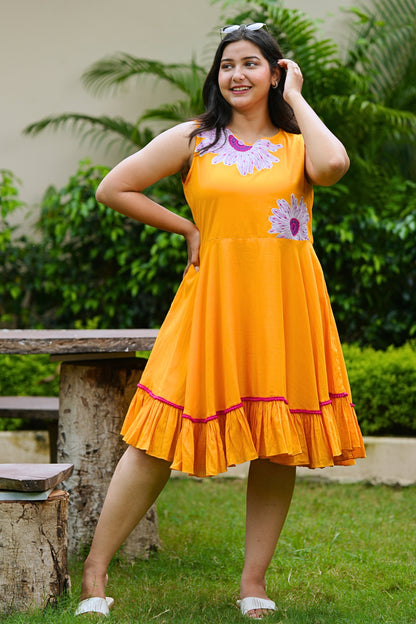 Sunshine Yellow Mulmul Floral Dress