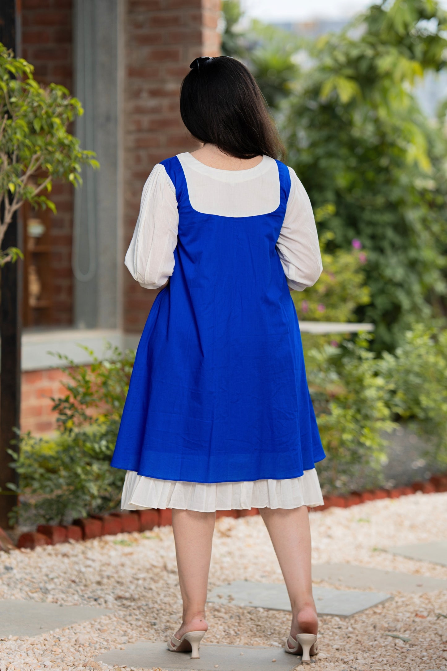 Artistic Blue and White Mulmul Floral Dress