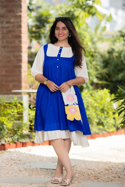 Artistic Blue and White Mulmul Floral Dress
