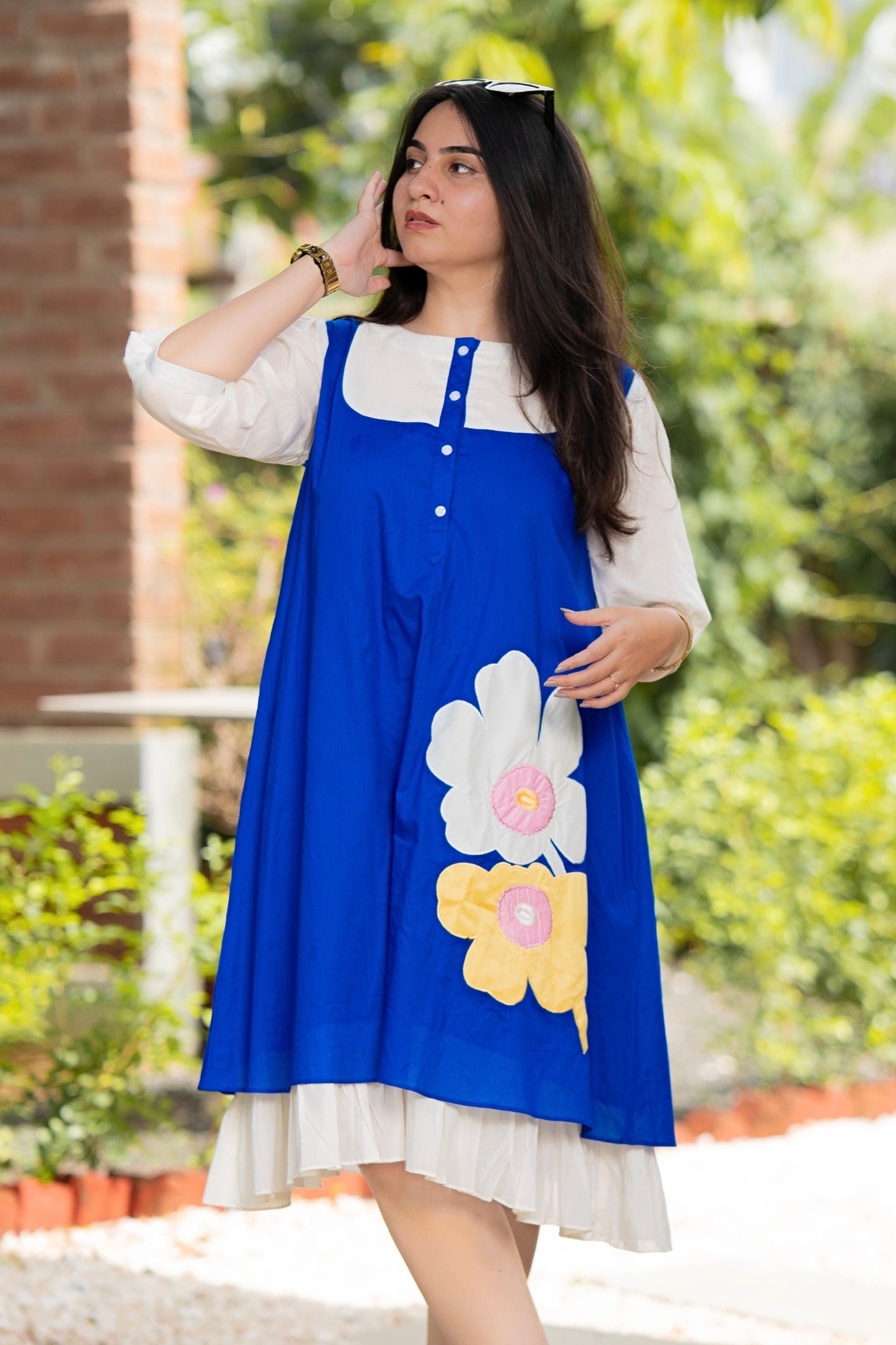Artistic Blue and White Mulmul Floral Dress