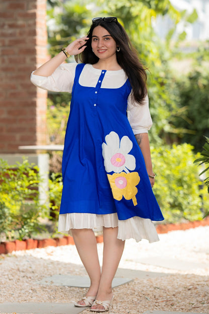 Artistic Blue and White Mulmul Floral Dress