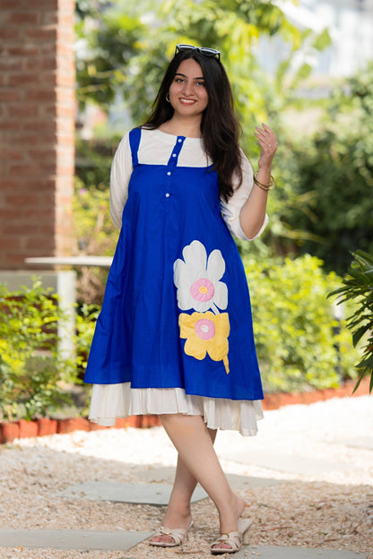 Artistic Blue and White Mulmul Floral Dress