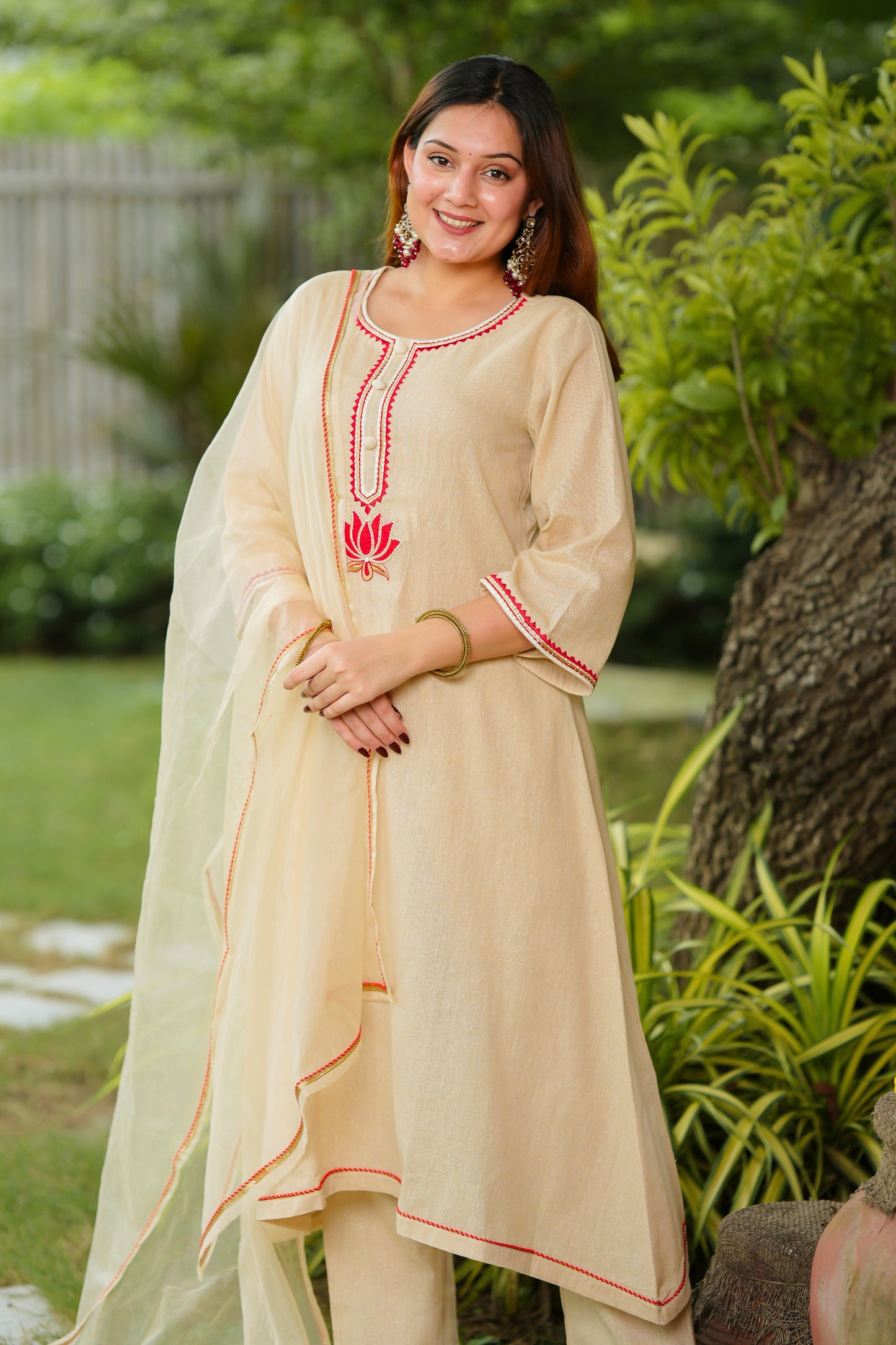 Beige Lotus Cotton Suit Set
