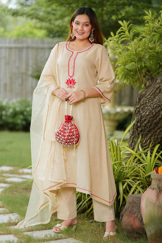 Beige Lotus Cotton Suit Set