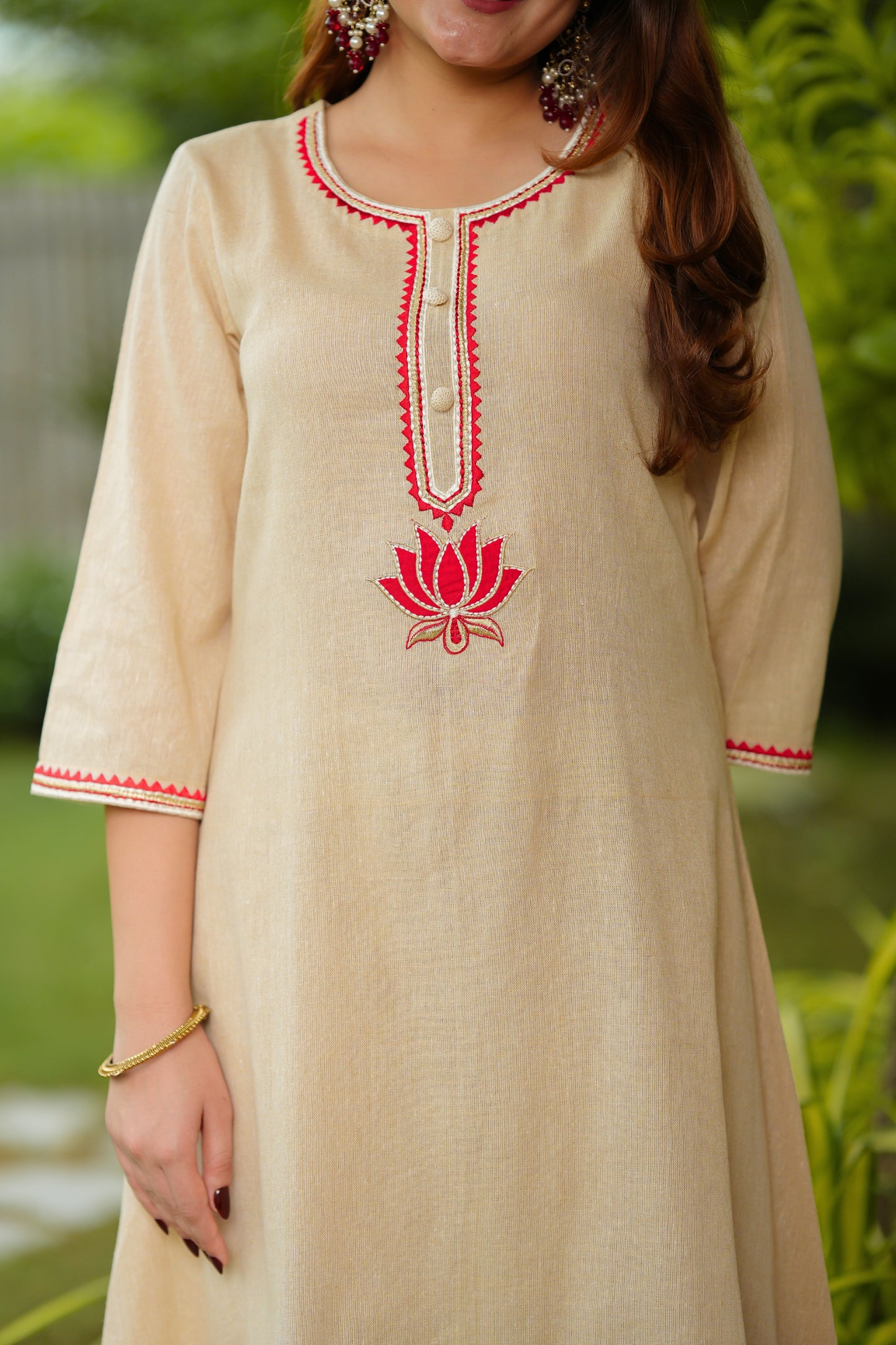 Beige Lotus Cotton Suit Set