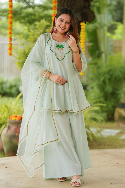 Green Lotus Sharara Cotton Suit Set