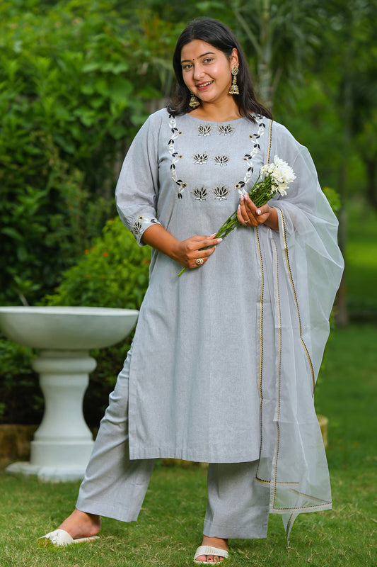 Grey Lotus Cotton Suit Set
