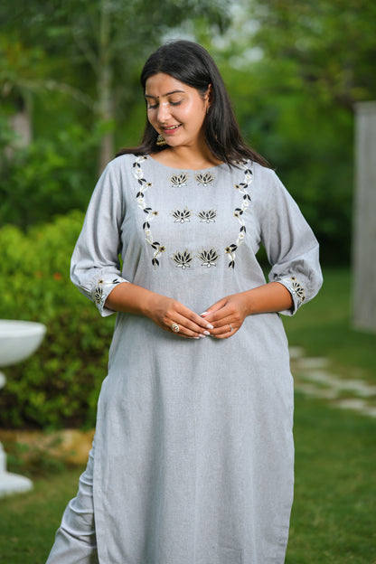Grey Lotus Cotton Suit Set
