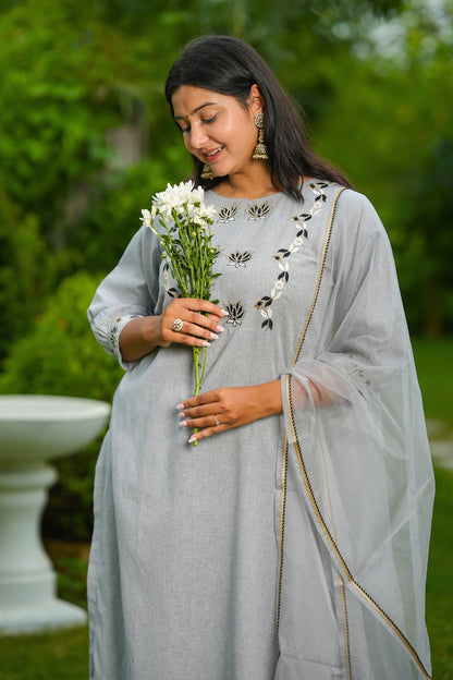 Grey Lotus Cotton Suit Set