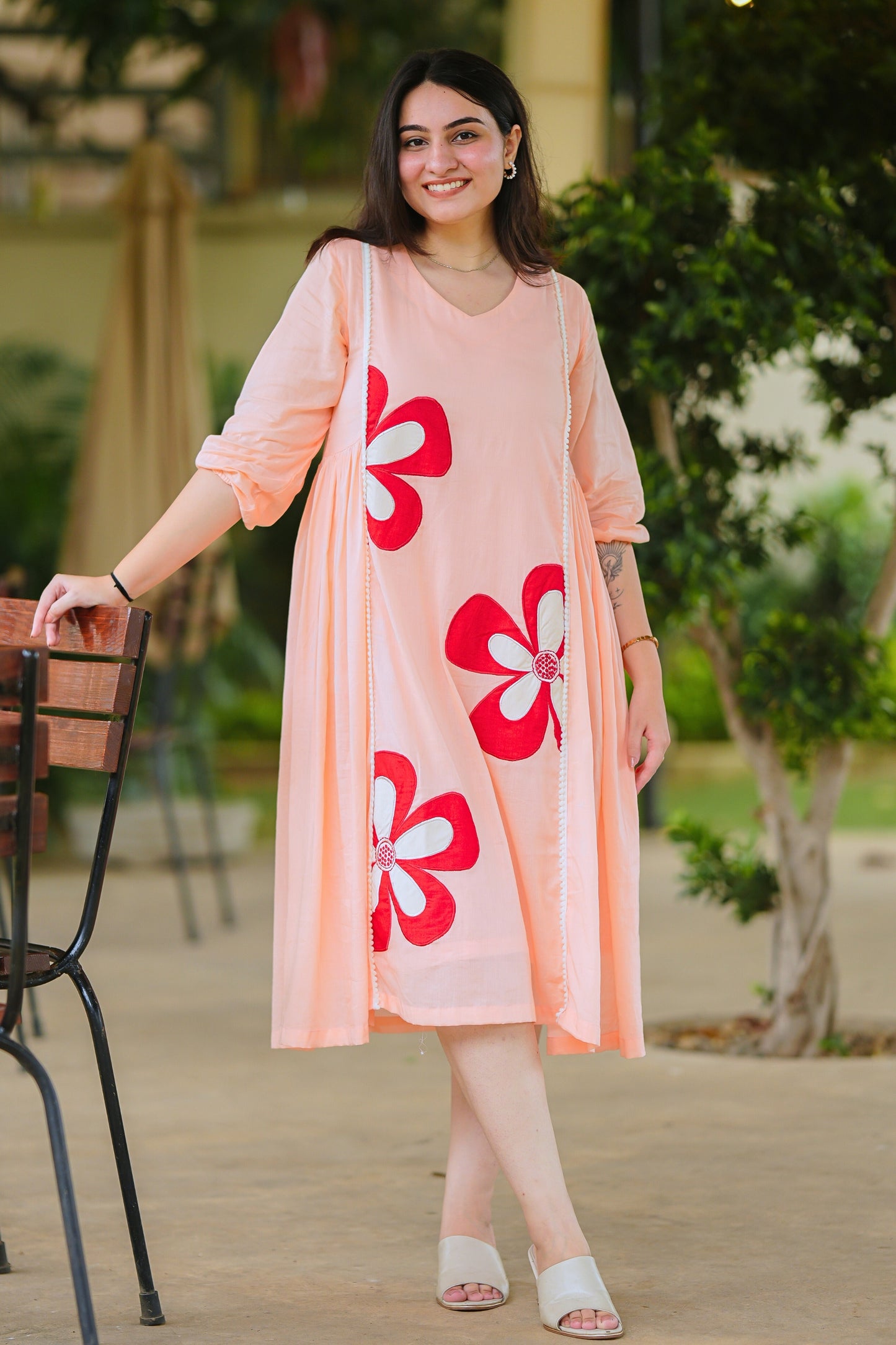 Peach Mulmul Floral Dress