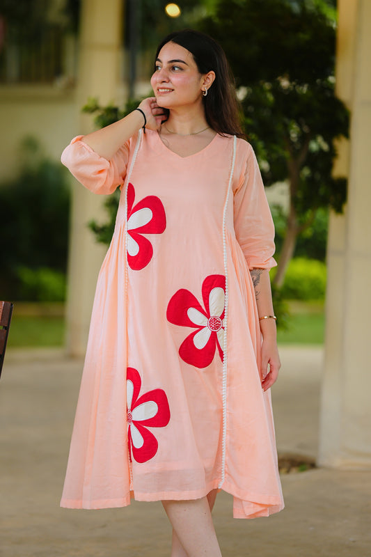 Peach Mulmul Floral Dress