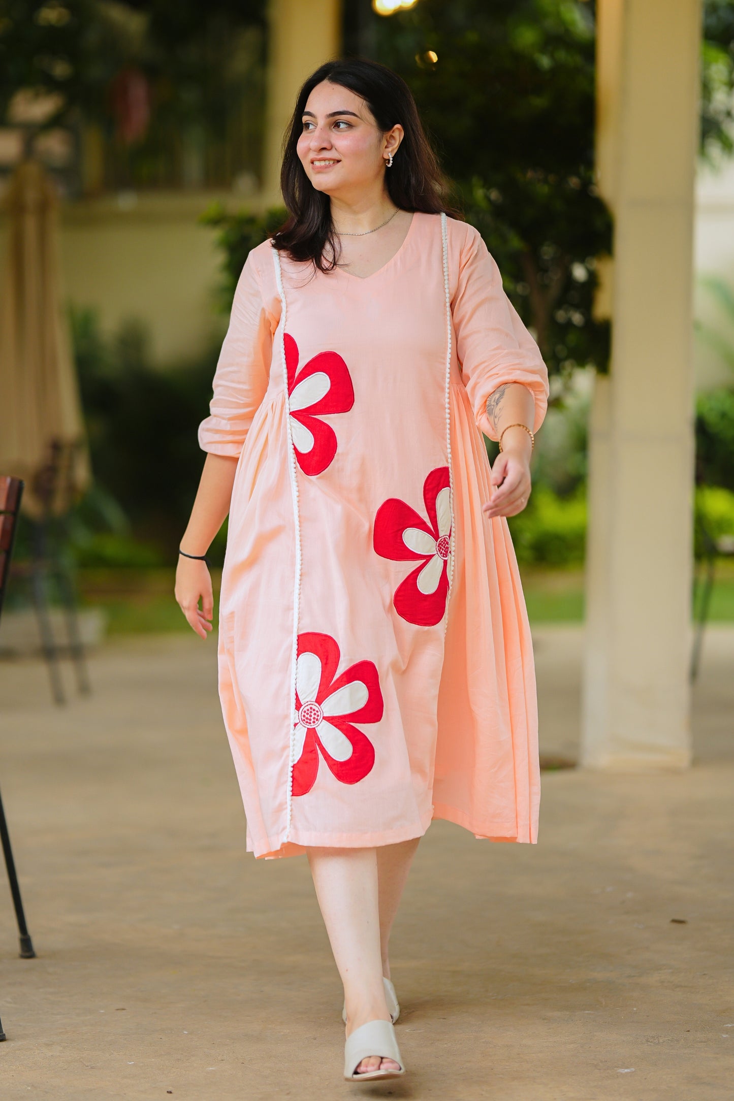 Peach Mulmul Floral Dress