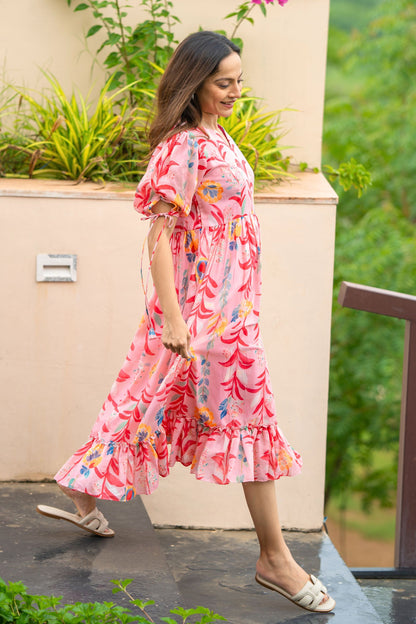 Pink Floral Midi Dress