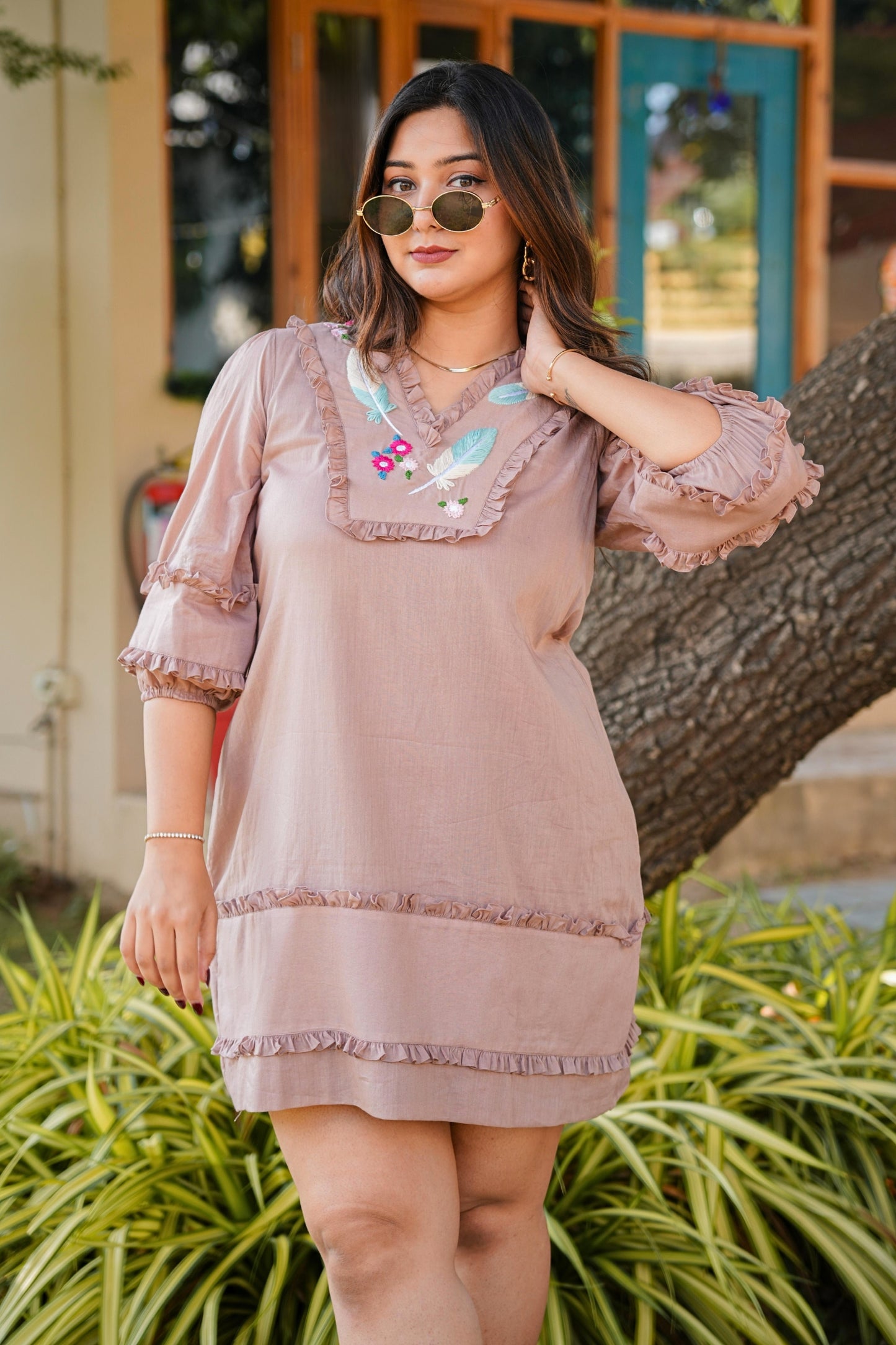 Tea Rose Mulmul Feather Dress