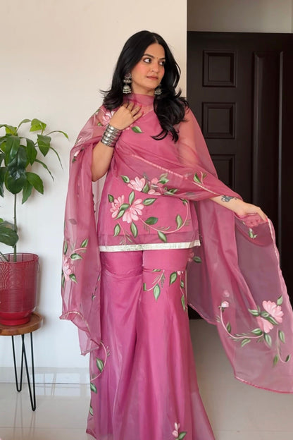 Flamingo pink Hand painted Suit Set