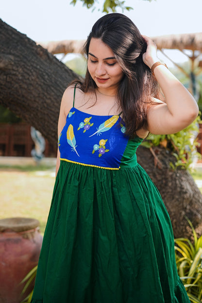 Bottle Green Mulmul Feather Dress