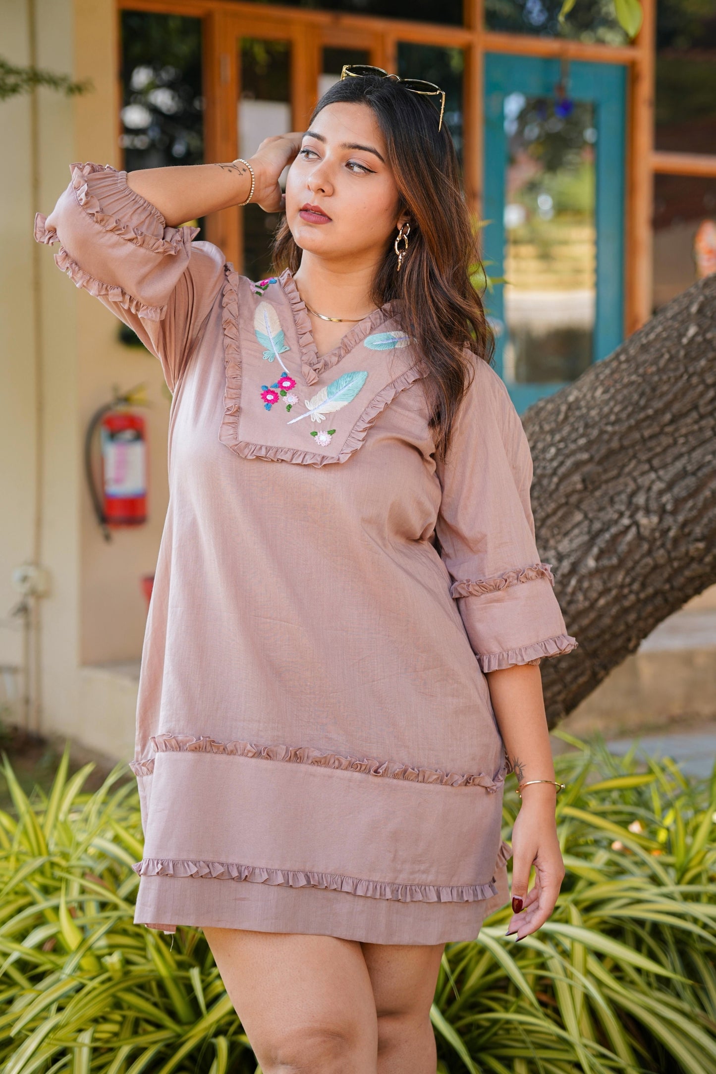 Tea Rose Mulmul Feather Dress