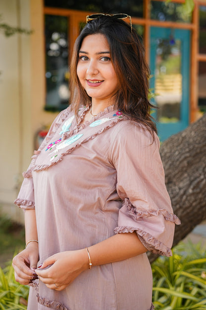 Tea Rose Mulmul Feather Dress