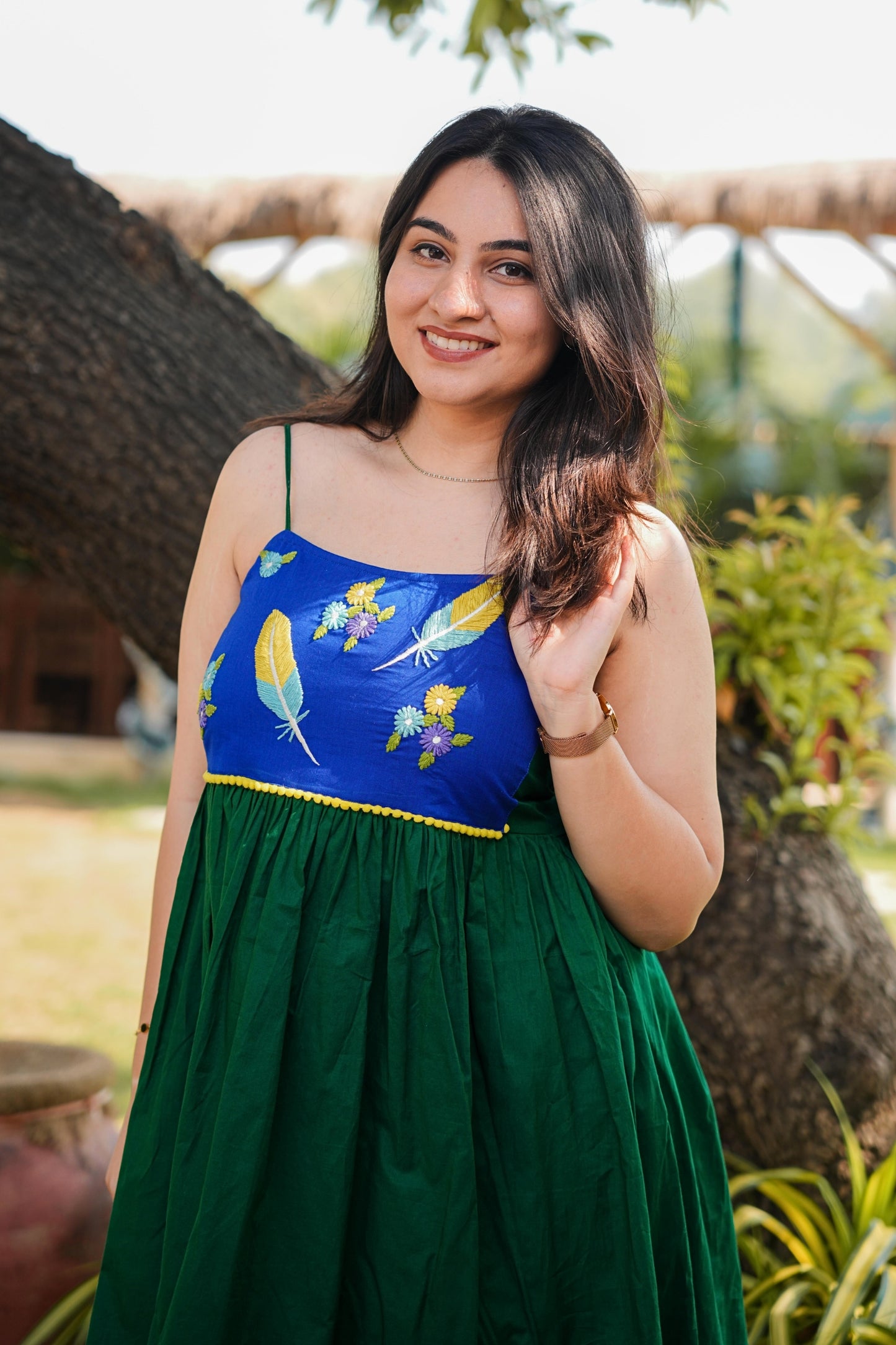 Bottle Green Mulmul Feather Dress