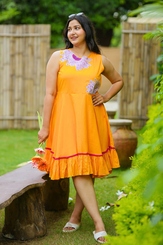 Sunshine Yellow Mulmul Floral Dress