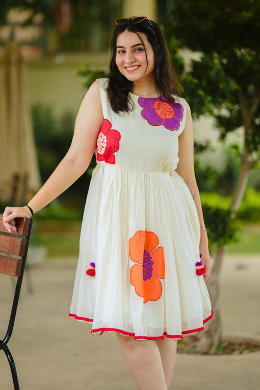 White Mulmul Floral Dress
