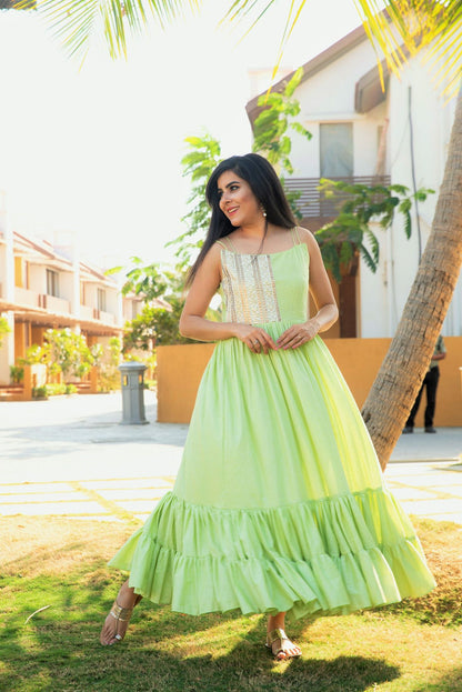 Pista green tiered dress by Shreetatvam