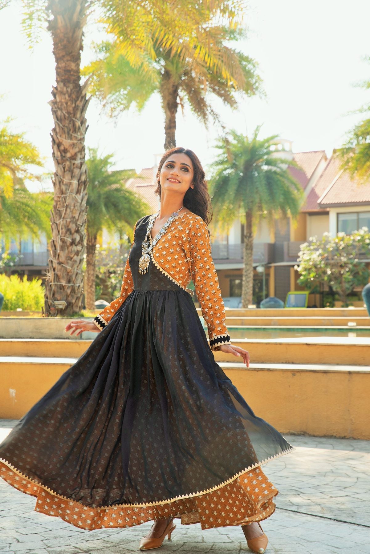 Mustard Black Angarakha Dress