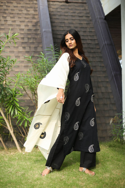 Black Block Print Kora Suit Set